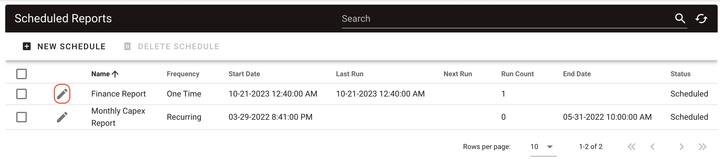 Report Scheduler edit icon highlighted showing location for viewing recipient’s report link