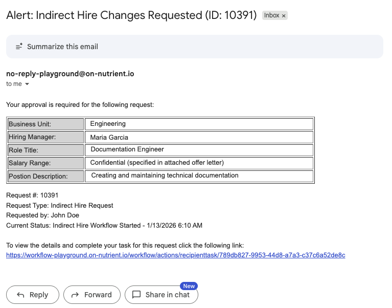 Email notification with link to task for approval