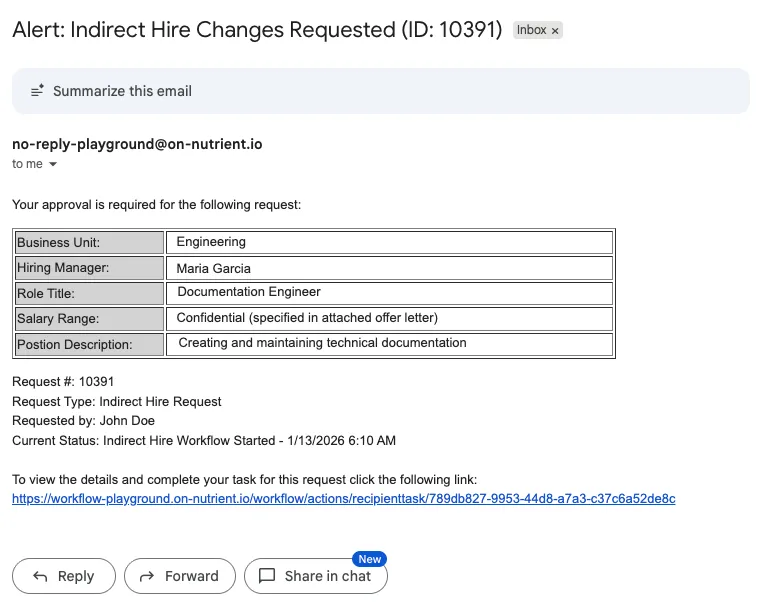 Email notification with link to task for approval