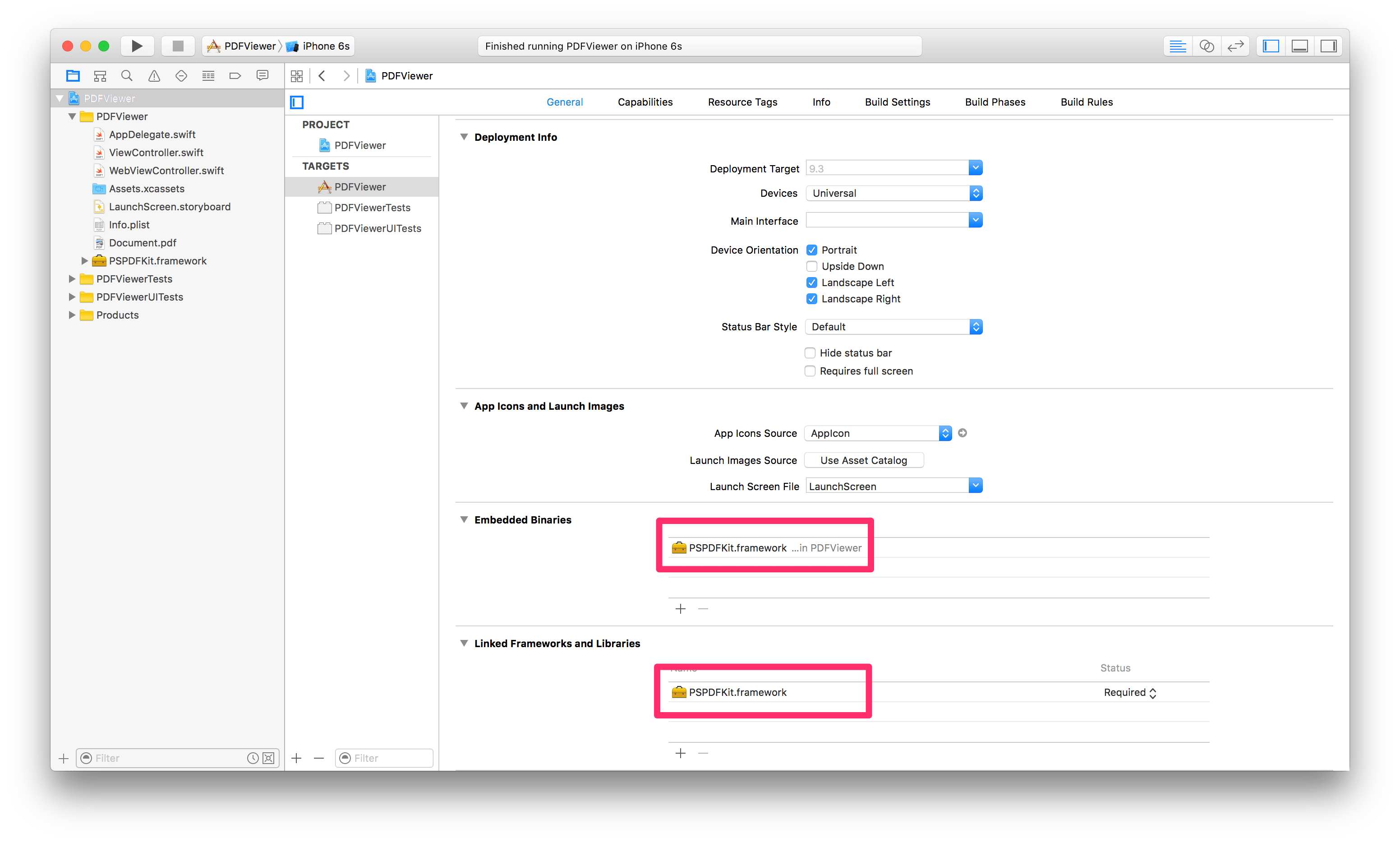 Embedded Binaries section of your app's target