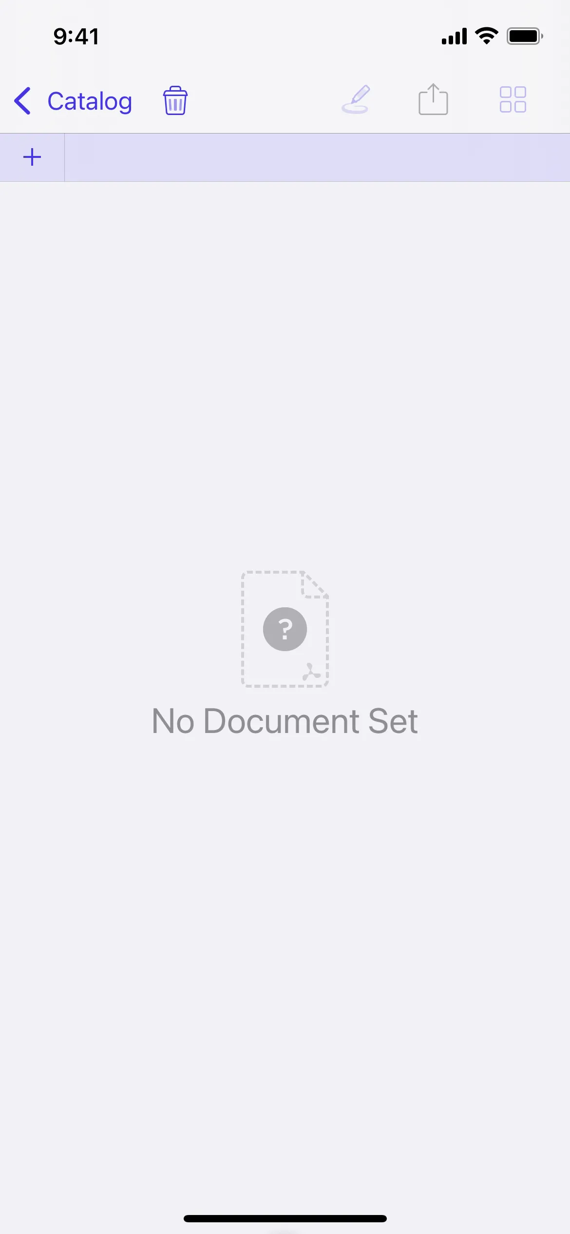 Screenshot of empty state with message “No Document Set.”