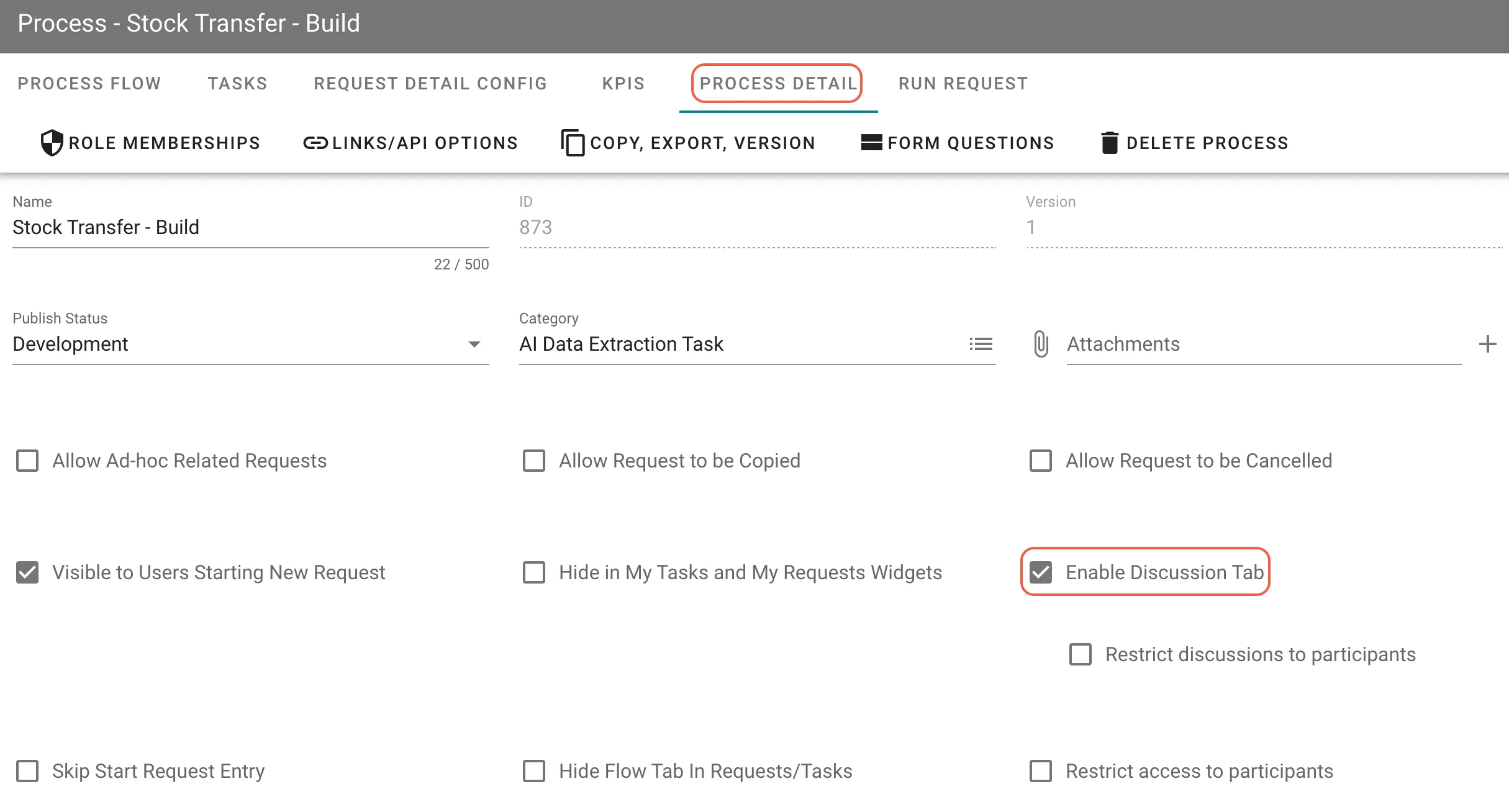 Discussion tab enabled checkbox in Process Details settings