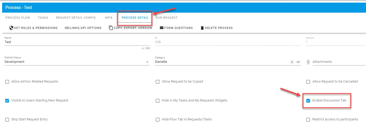 Discussion tab enabled checkbox in Process Details settings