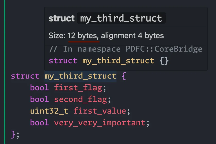 clangd showing the new size