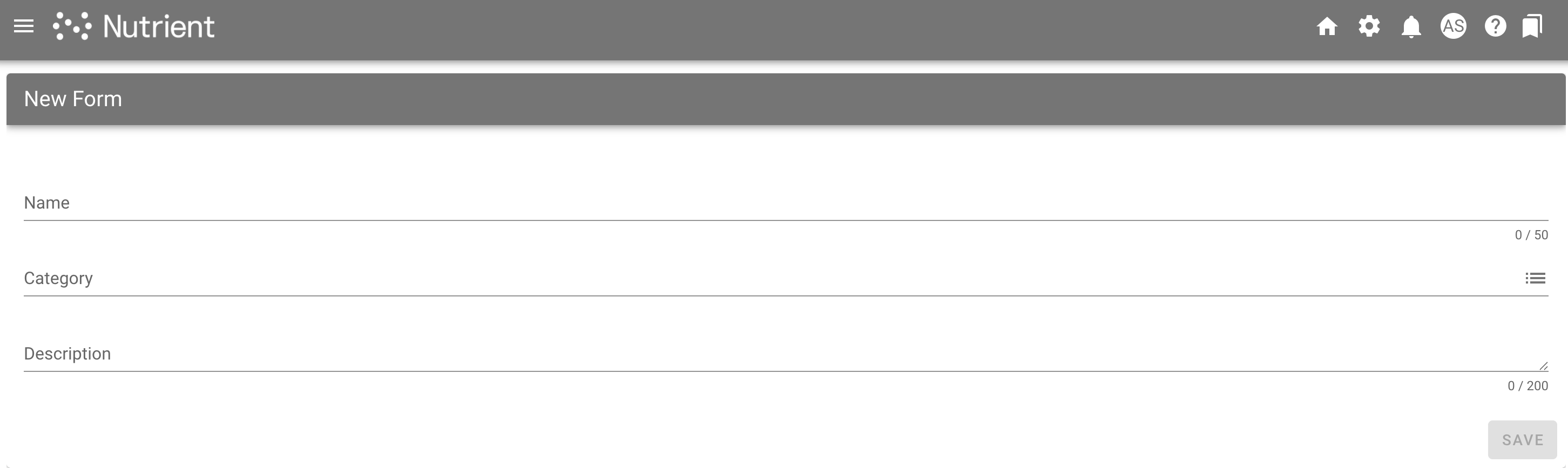 New form dialog with Name, Category, and Description fields