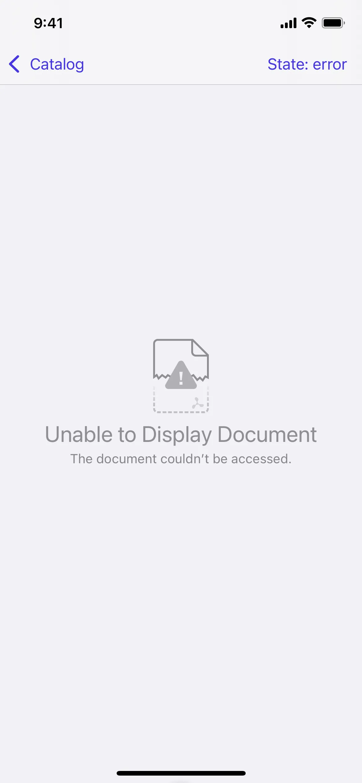 Screenshot of error state with error message “Unable to Display Document: The document couldn’t be accessed.”