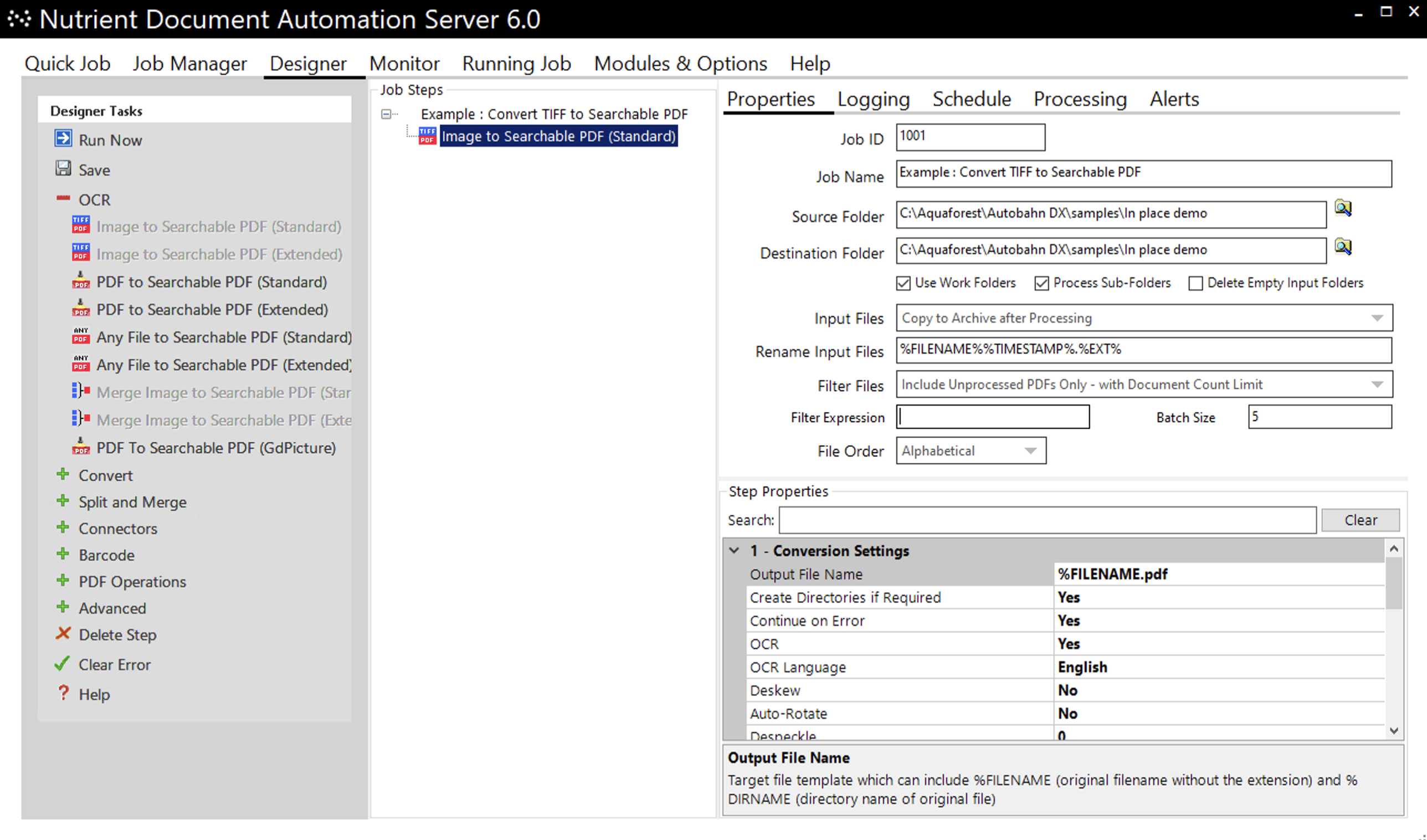 Set up In-Place Job Properties