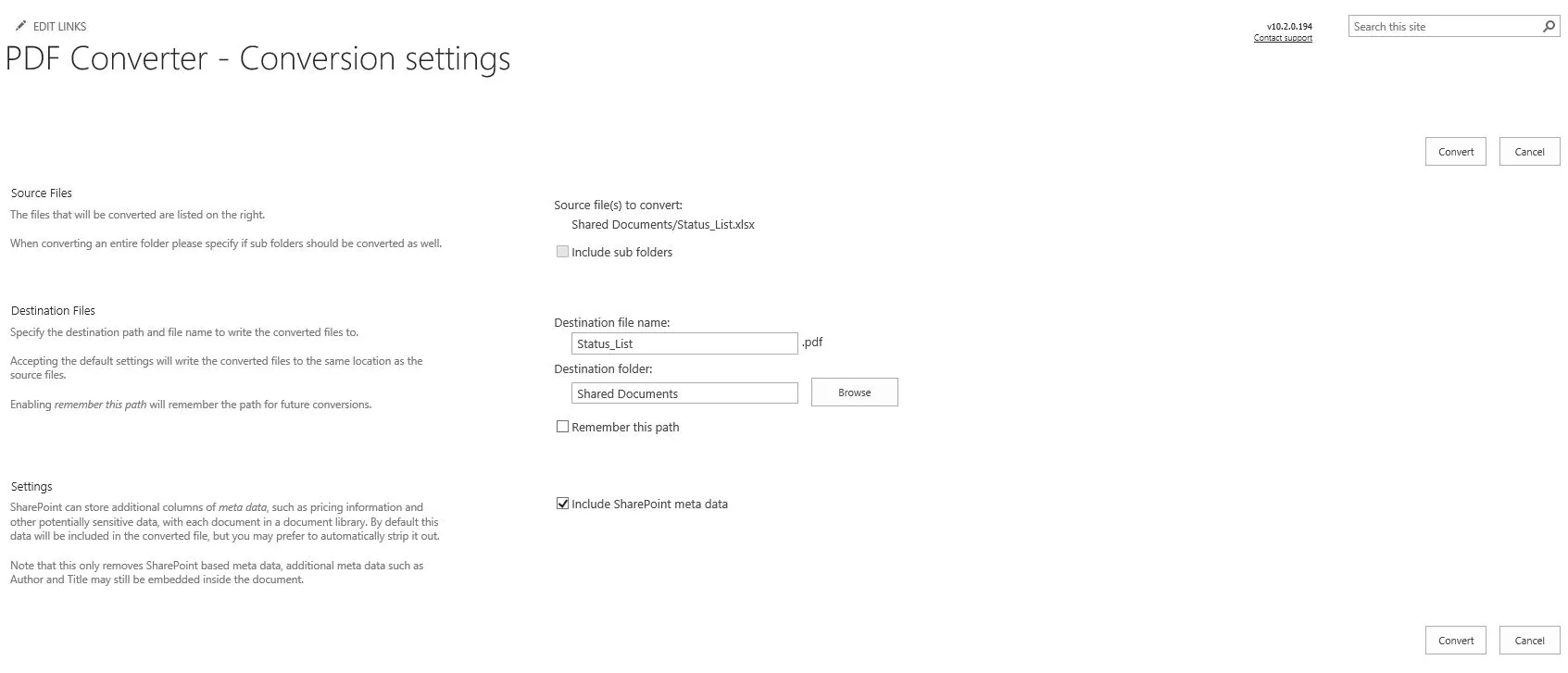 conversion settings page