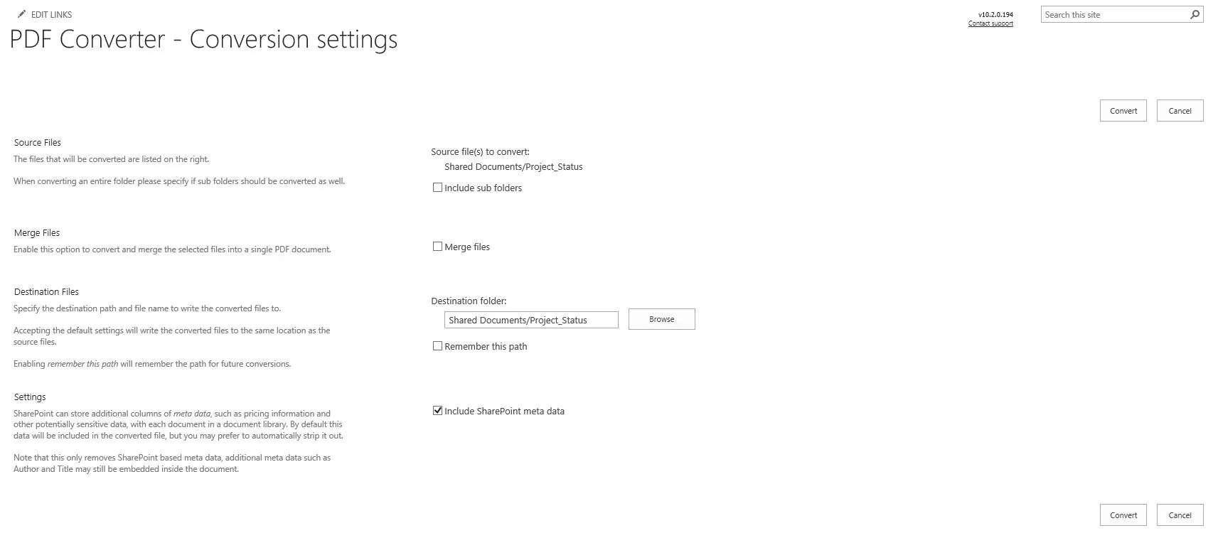 conversion settings