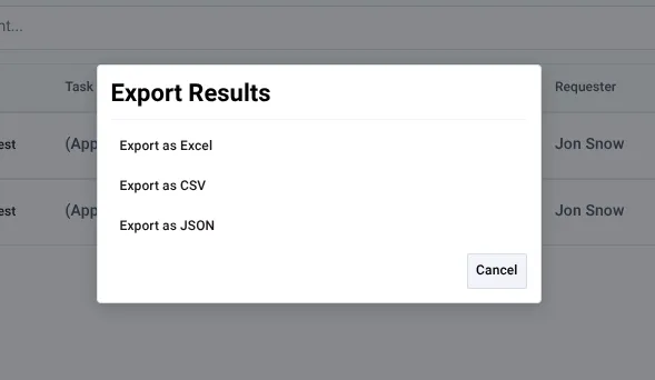 Export dialog prompt for downloading the reassignment log with file format options
