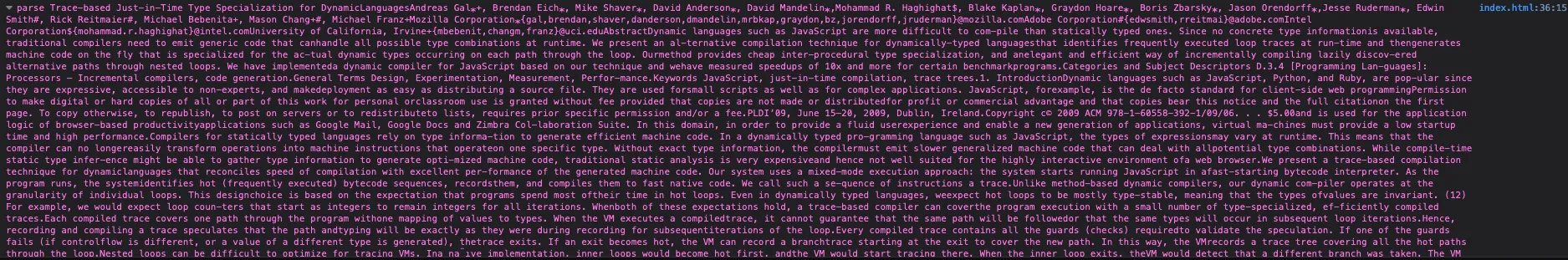 Extracted PDF text output logged to the browser console using PDF.js and JavaScript
