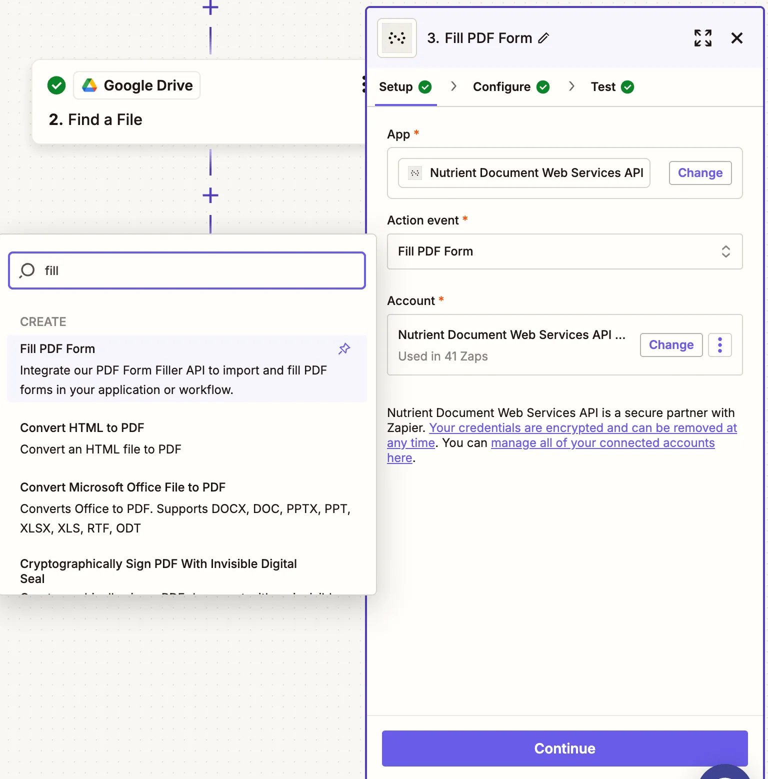 Select Fill PDF Form as the action