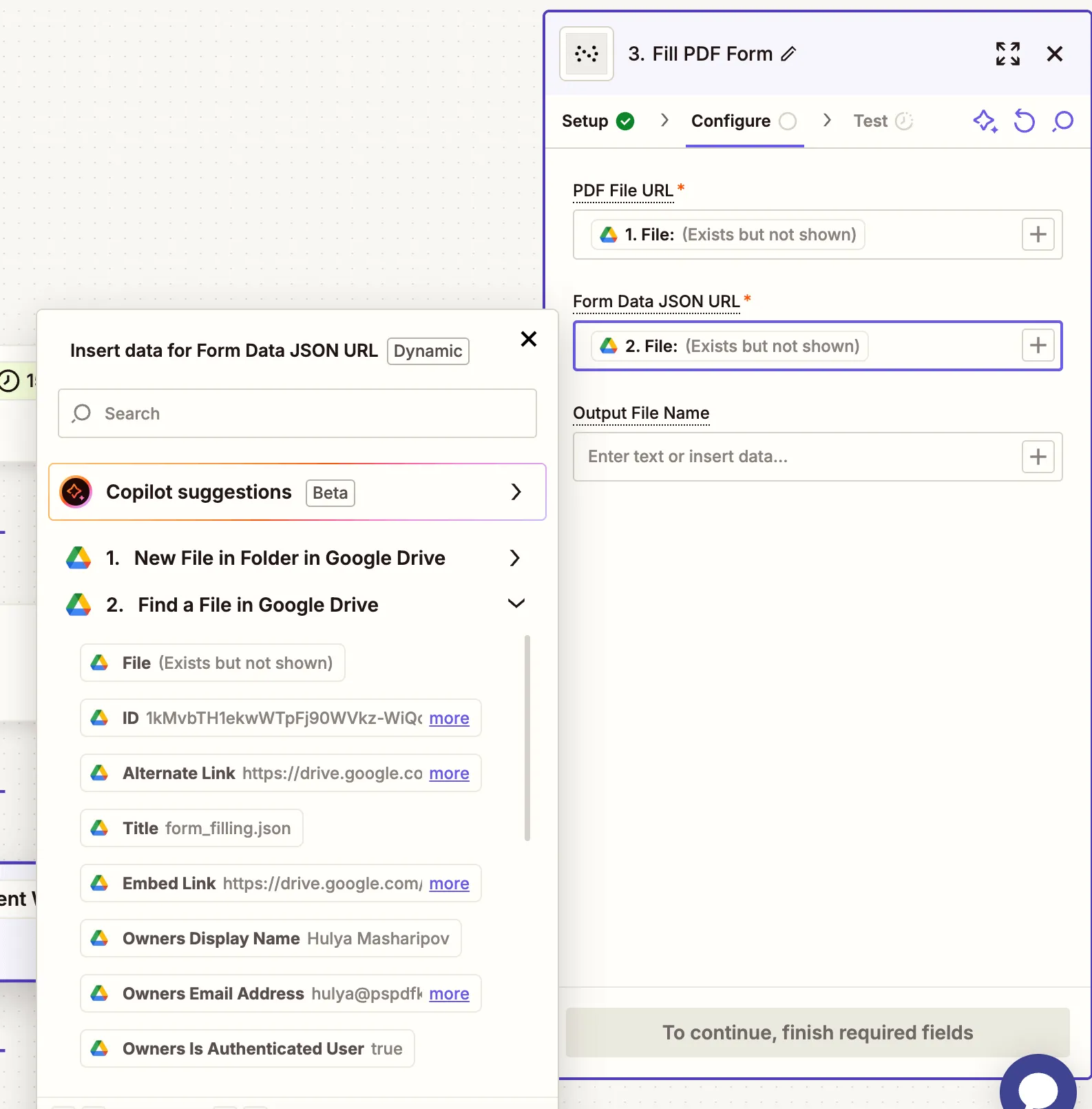 Fill out the action fields for PDF form filling