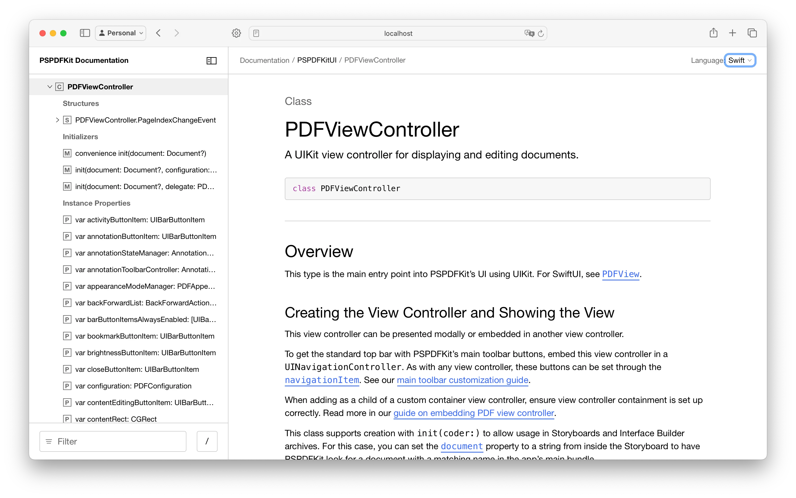 Final PDFViewController documentation page with working sidebar
