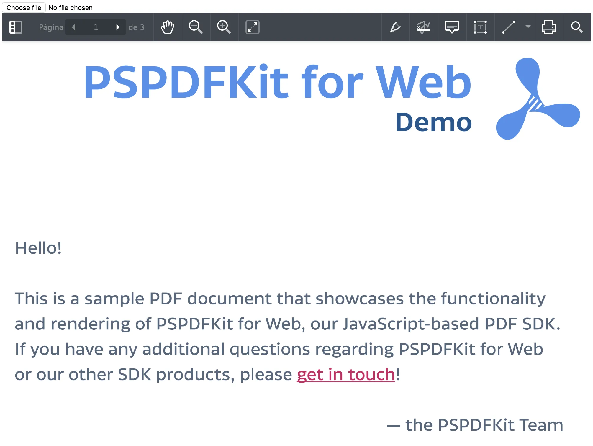 Screenshot of the final result of the example of integrating Nutrient Web SDK in a Svelte app