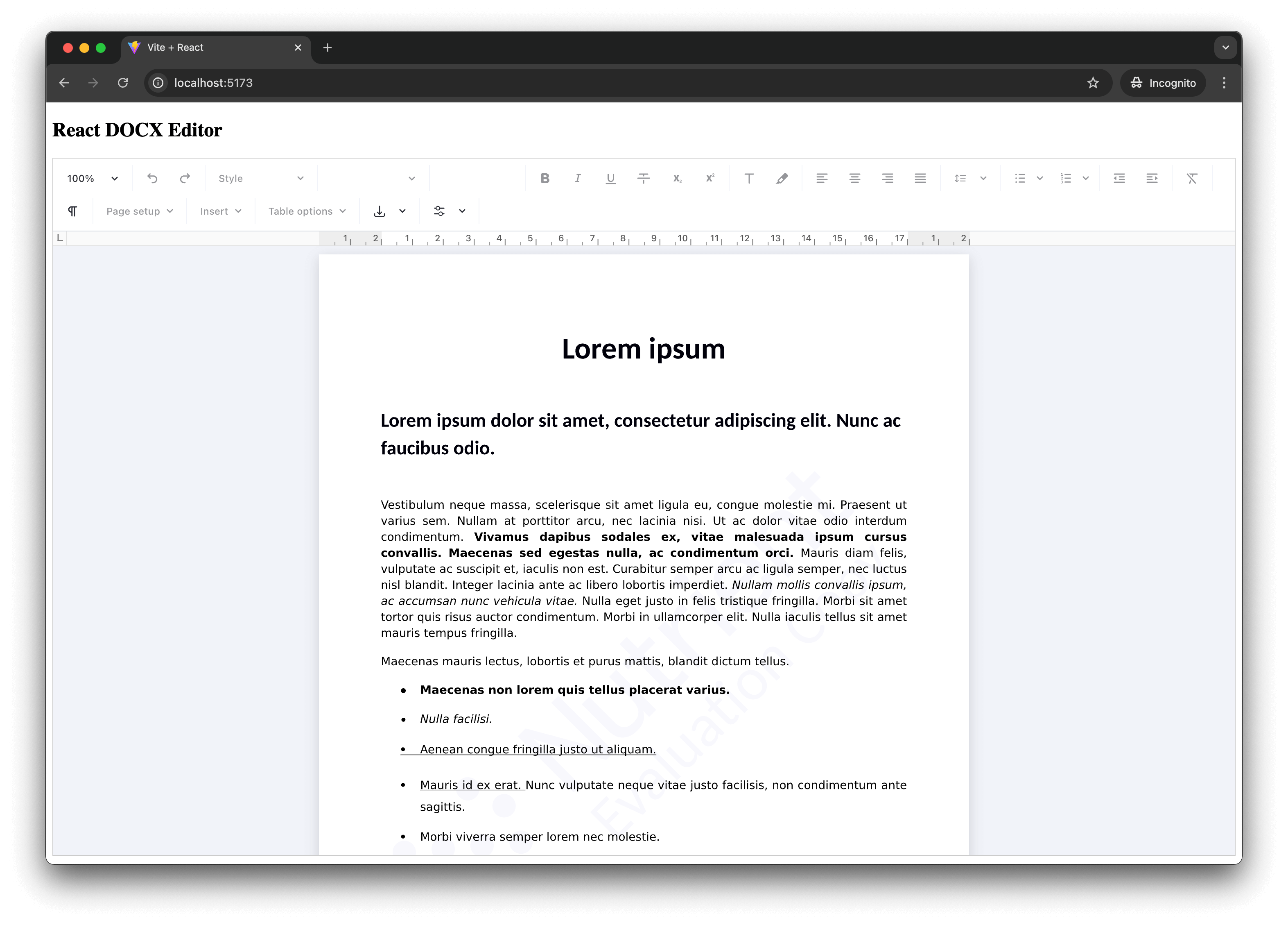 React DOCX Editor First Example Screenshot