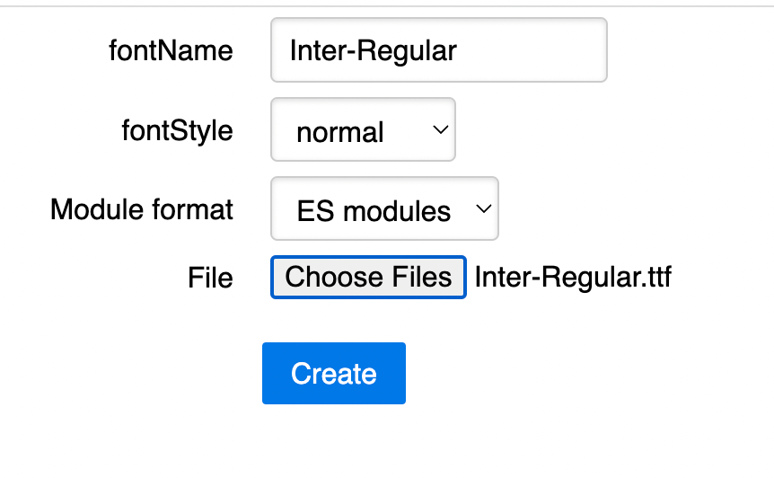 jsPDF font converter tool showing file upload and Create button for converting TTF to JavaScript