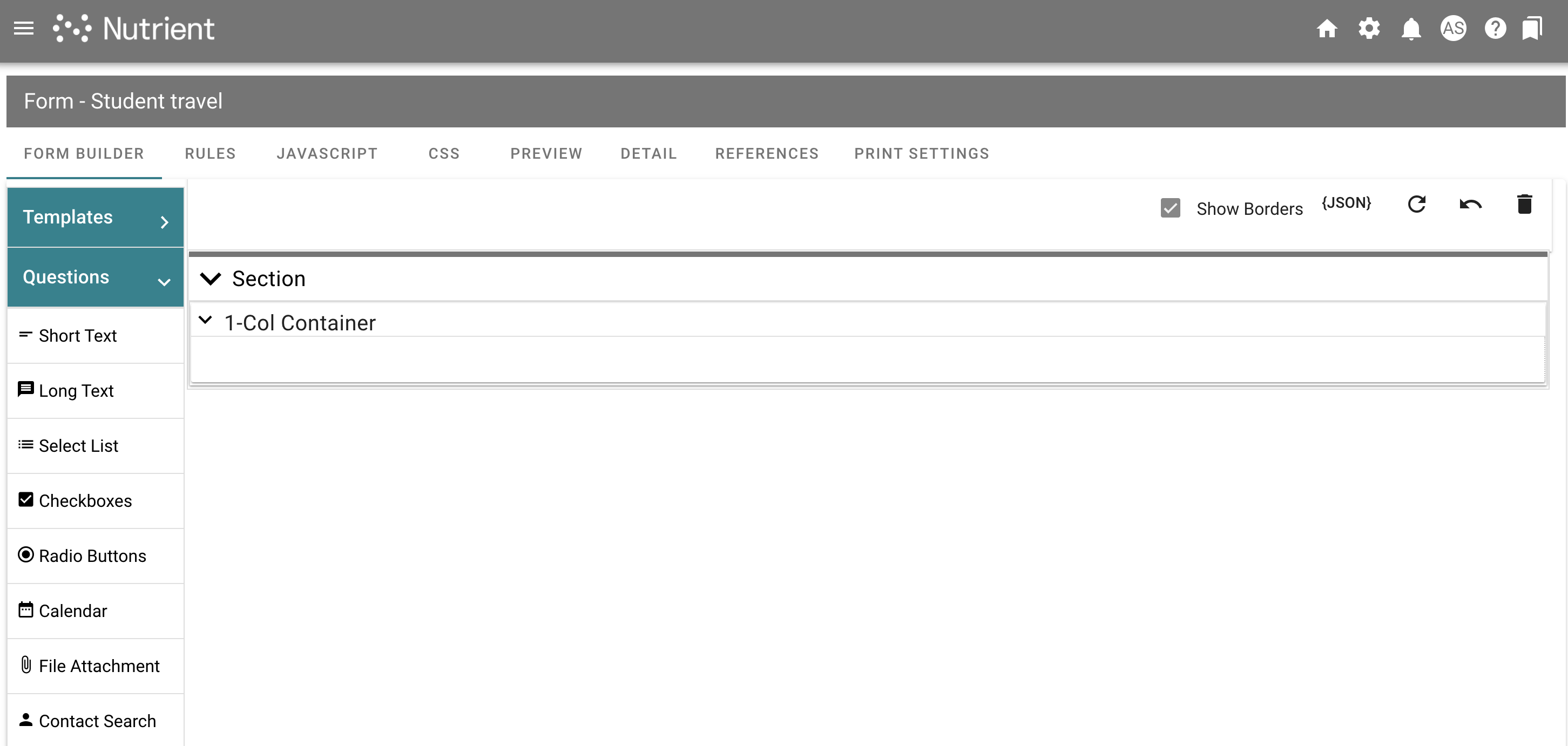 Form Builder interface showing sections and containers