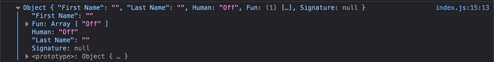 image showing the result of 'console.log(formFieldValues);'