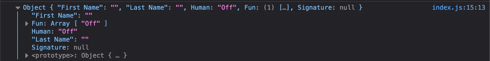 image showing the result of 'console.log(formFieldValues);'