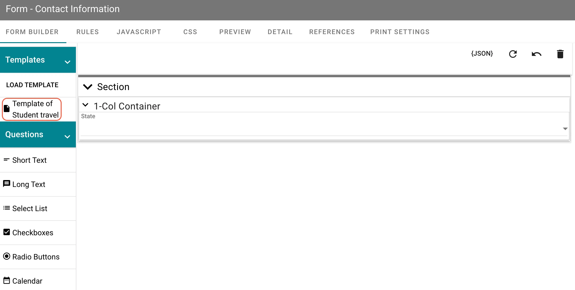 form template loaded