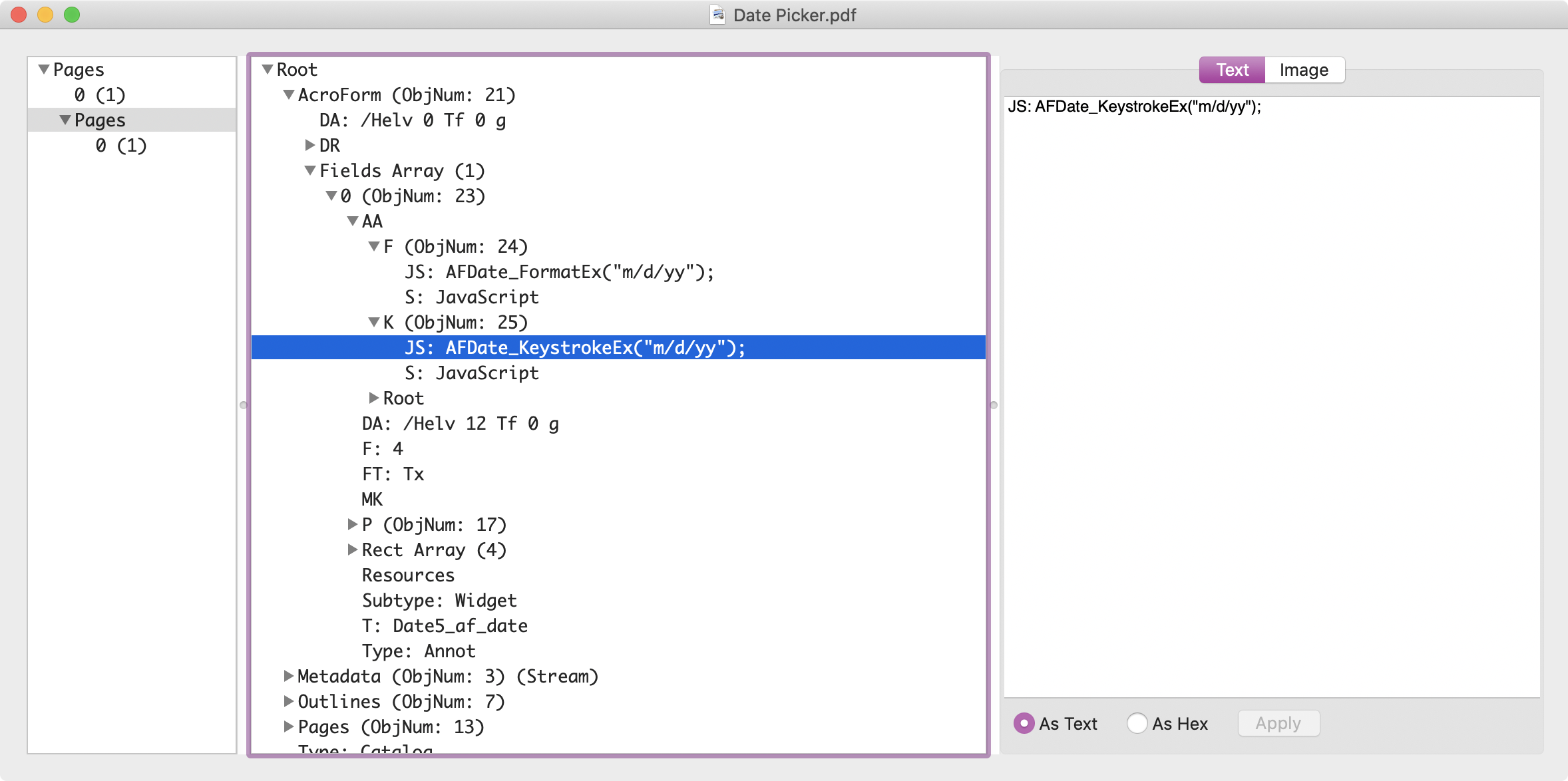 PDF Inspector displaying a form object