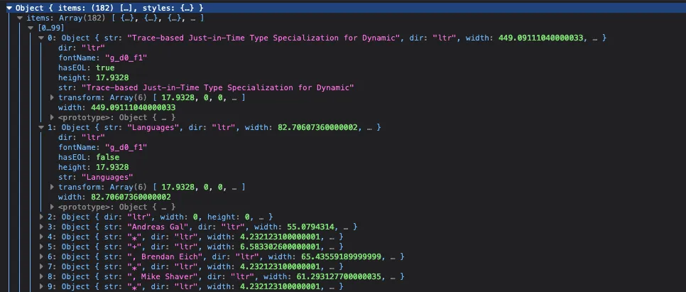 PDF.js getTextContent return object — items array with str attributes shown in browser developer tools