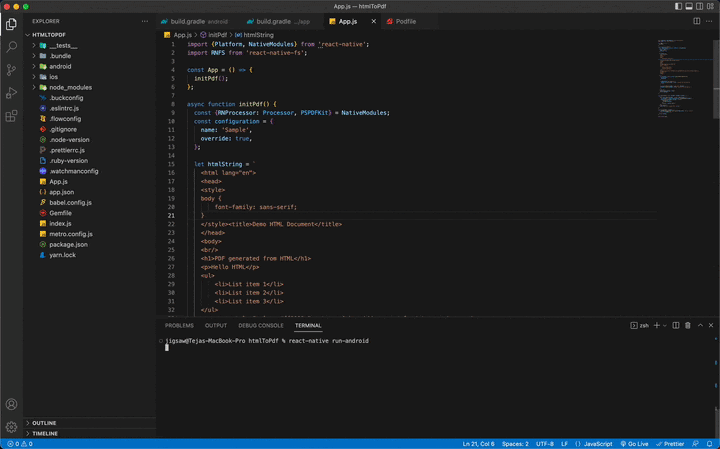 GIF showing the result of react-native run-android