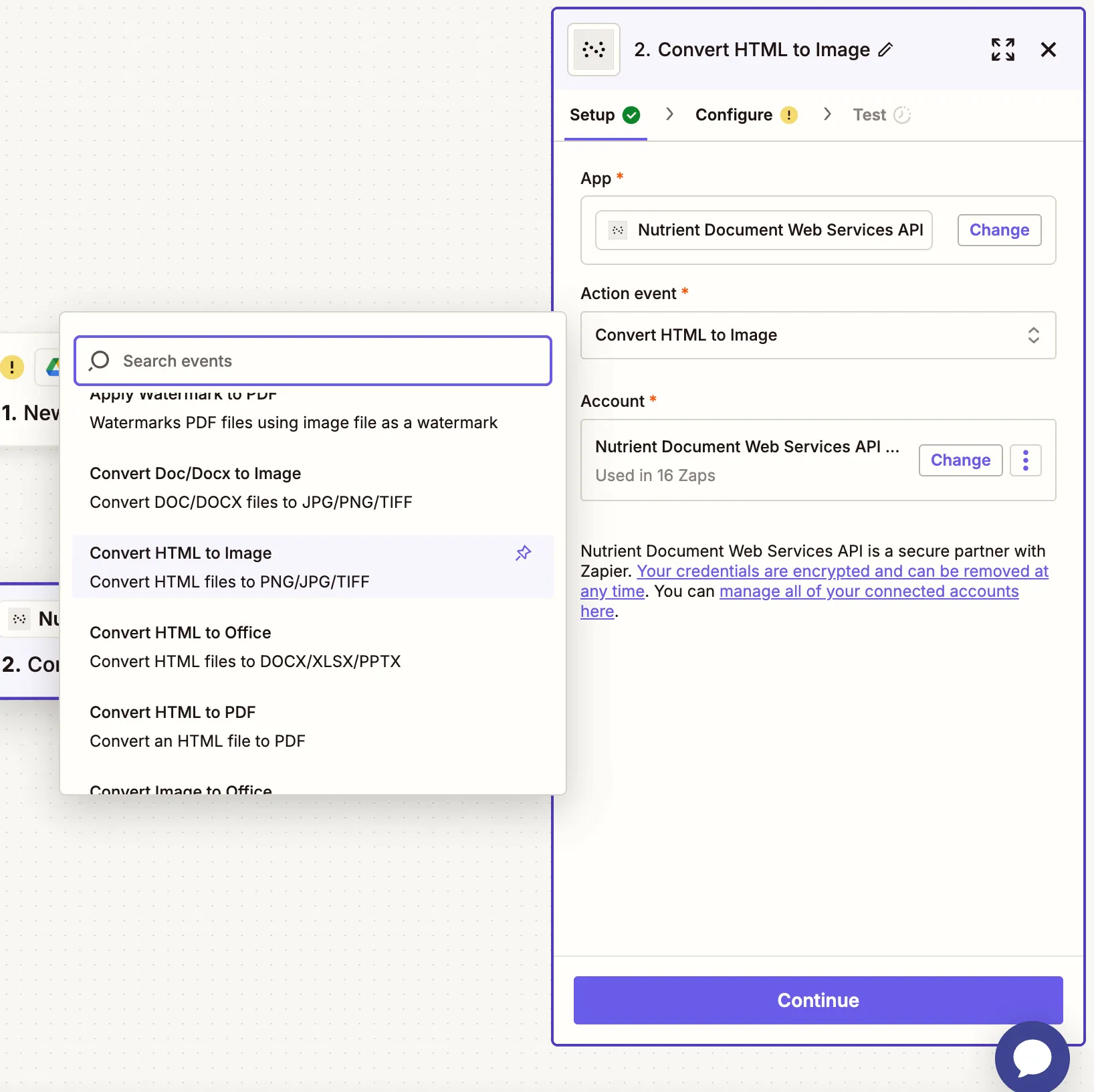 Nutrient DWS Processor API action dropdown showing 'Convert HTML to Image'