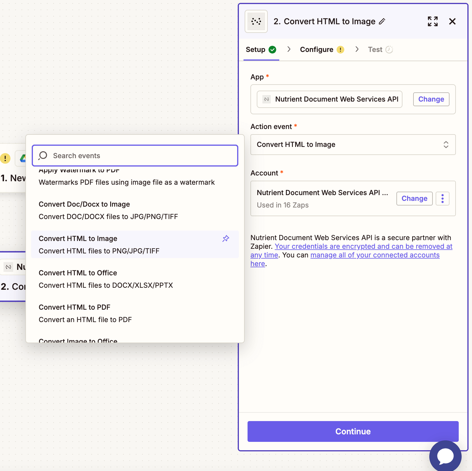 Nutrient DWS Processor API action dropdown showing 'Convert HTML to Image'