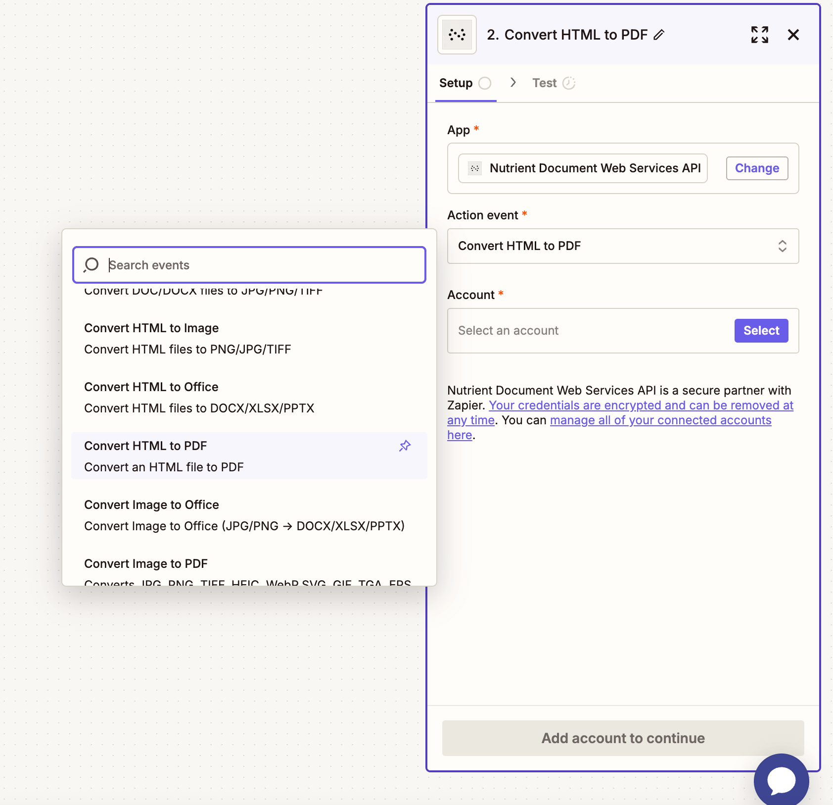 Action selection showing Convert HTML to PDF chosen