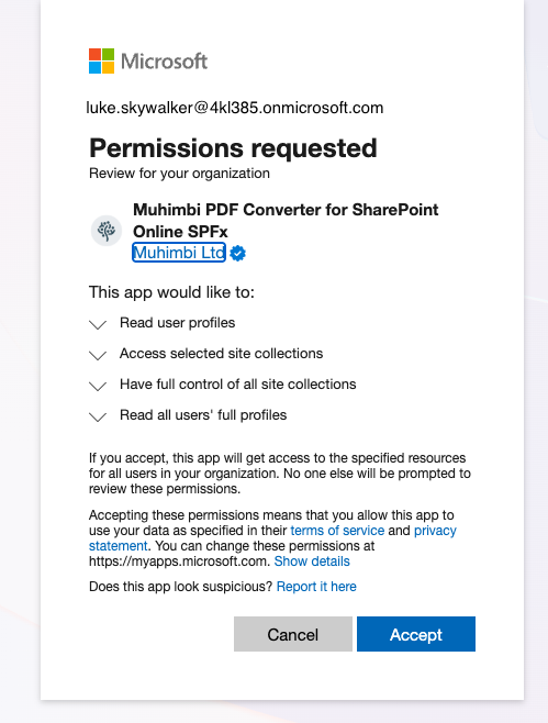 Authentication and permissions prompt for the app