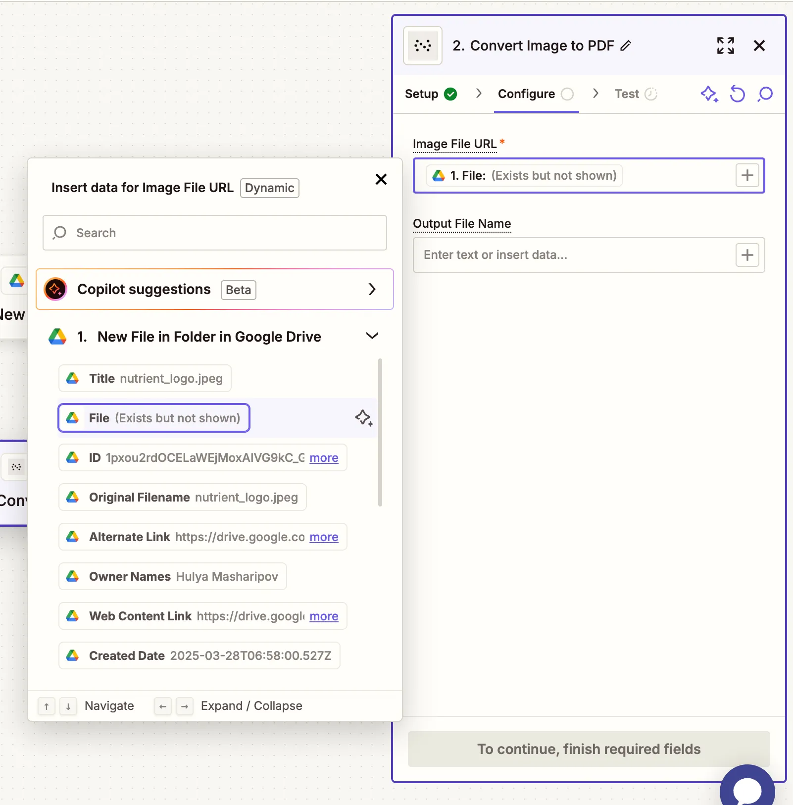 Map the image file URL from the Google Drive trigger