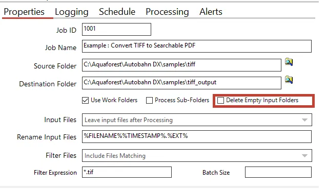 A screenshot of the Properties tab, highlighting the tick box that enables the deletion of empty input folders after processing.