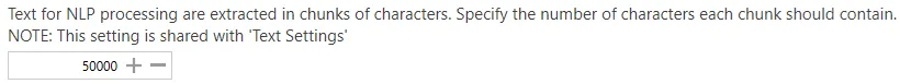 Text limit setting in Tagging NLP Settings showing configuration field to set maximum character limit per chunk sent to NLP services, defaulted to 50,000 characters