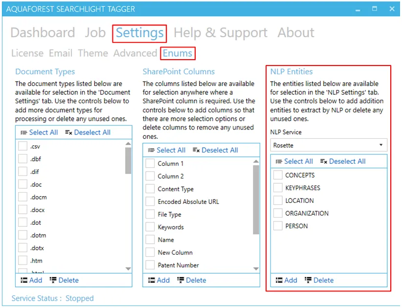 NLP entities configuration screen in Tagging Settings Enums tab showing list of available entity types like LOCATION, ORGANIZATION, PERSON for different NLP services