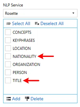 Confirmation dialog showing newly added entity names ready to be saved to the NLP service configuration in Tagging