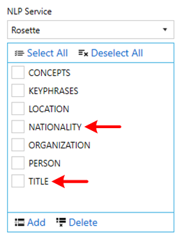 Confirmation dialog showing newly added entity names ready to be saved to the NLP service configuration in Tagging