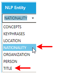 NLP Settings dropdown menu showing available entity types that can be selected for extraction during document processing