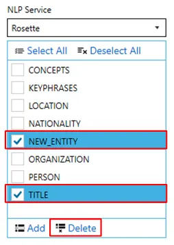 Entity deletion confirmation screen showing selected entities that will be removed from the NLP service configuration