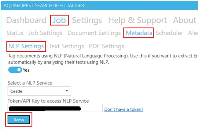 Demo button location in NLP Settings interface allowing users to test entity extraction functionality with sample documents