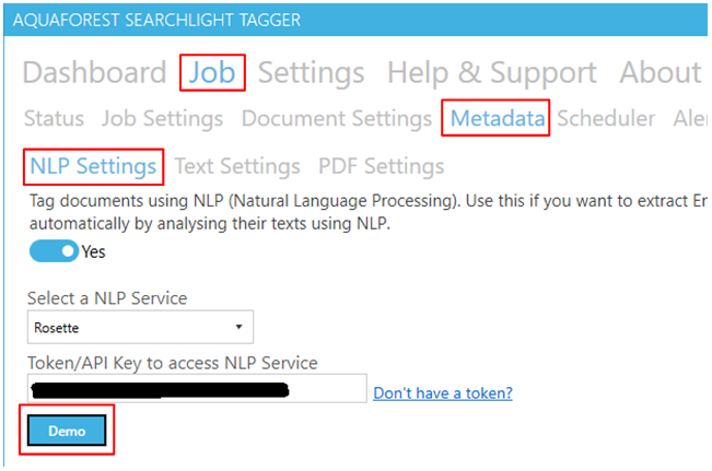 Demo button location in NLP Settings interface allowing users to test entity extraction functionality with sample documents