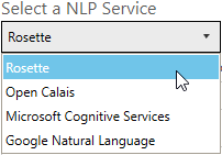 NLP service selection dropdown in demo interface showing available options like Rosette, Open Calais, Microsoft Cognitive Services, and Google Natural Language