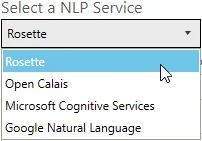 NLP service selection dropdown in demo interface showing available options like Rosette, Open Calais, Microsoft Cognitive Services, and Google Natural Language