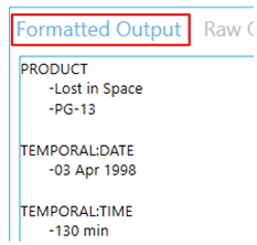 Formatted Output tab in demo results displaying extracted entities organized by type (persons, organizations, locations) in a structured format after Tagging processing