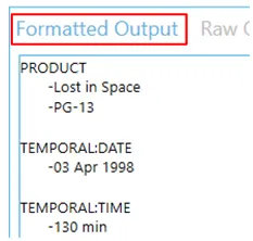 Formatted Output tab in demo results displaying extracted entities organized by type (persons, organizations, locations) in a structured format after Tagging processing