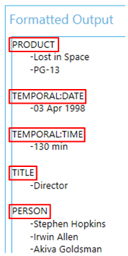 Entity extraction results showing all extracted entities with their names highlighted in red, demonstrating the various types of entities the NLP service can identify from document content