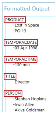 Entity extraction results showing all extracted entities with their names highlighted in red, demonstrating the various types of entities the NLP service can identify from document content