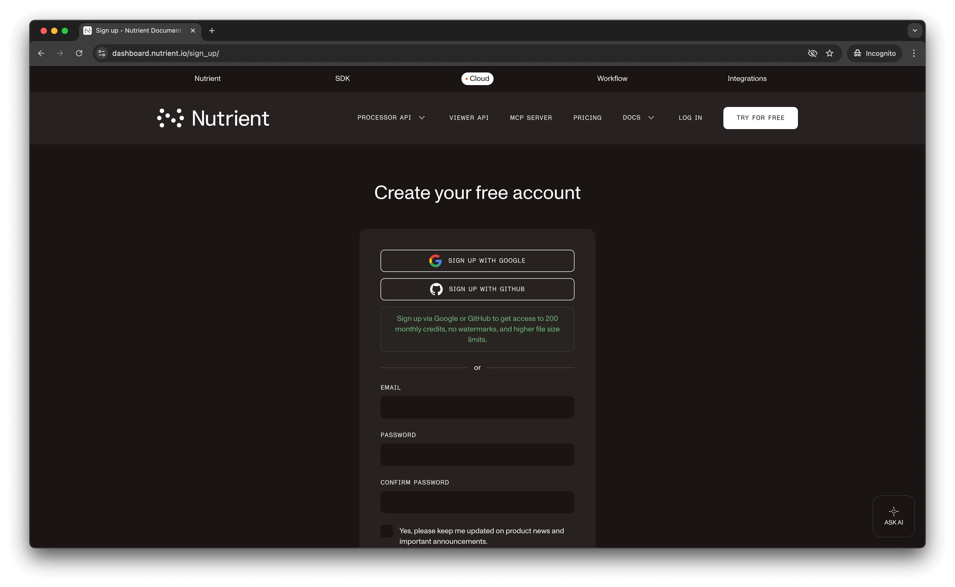Free account Nutrient API