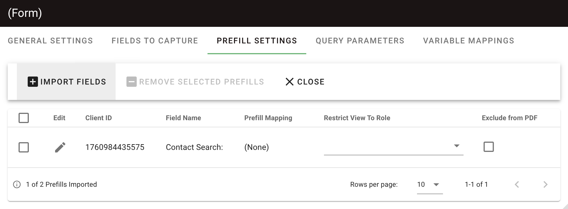 Prefill Settings section with Import Questions option